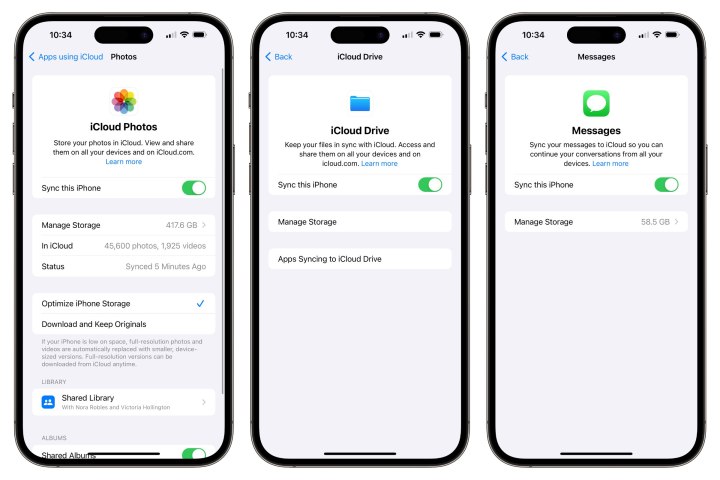 Three iPhones showing iCloud sync settings for Photos, iCloud Drive, and Messages.