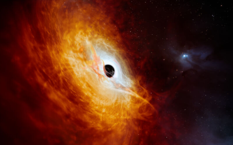 Artist's view of a tilted orange disk with a black object at its center.