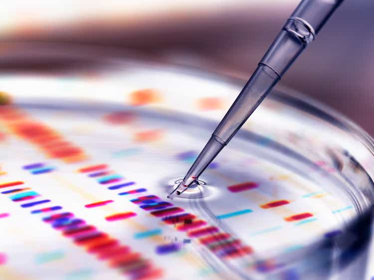 Pipette adding sample to petri dish with DNA profiles in background