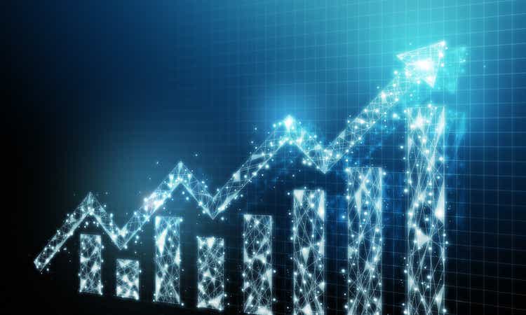 Business development to success and growing growth concept. Graph with arrow increase moving up corporate future growth plan