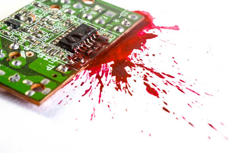 circuit board explosion, with red paint, blood explosion of an electronic component