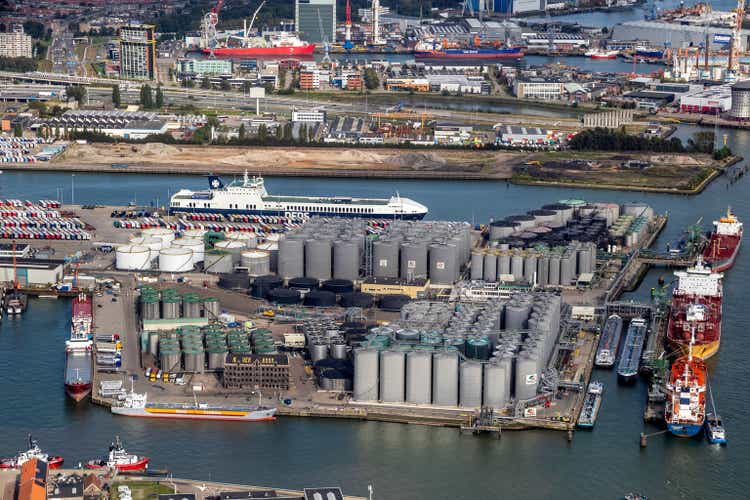 Aerial view of the Vopak Terminal Vlaardingen and DFDS Seaways in the Port of Rotterdam.