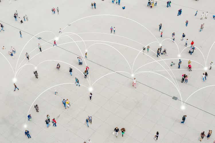 Aerial view of crowd connected by lines