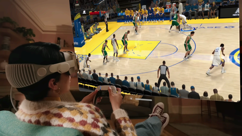 Woman playing NBA 2K24 on Vision Pro