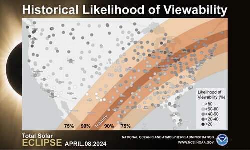 A zoomed-out view of NOAA's 2024 total solar eclipse viewability map.