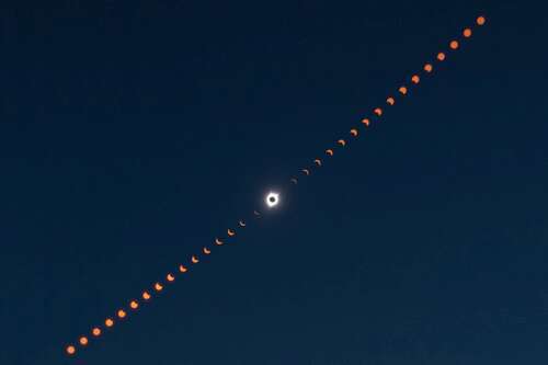 A composite image showing the progression of the total solar eclipse from partial to totality, and again to partial.