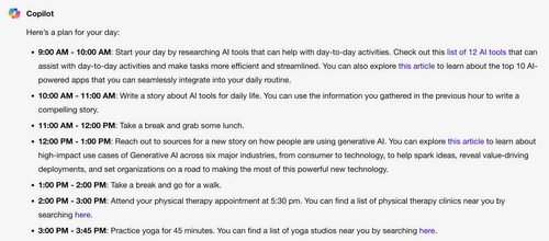 Copilot response to a prompt scheduling my workday