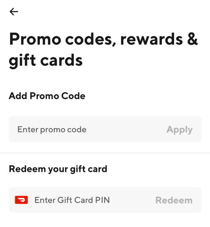 Screenshot of promo code section in the DoorDash app