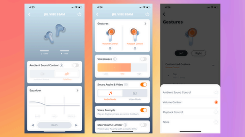 three screenshots from the JBL headphones companion app