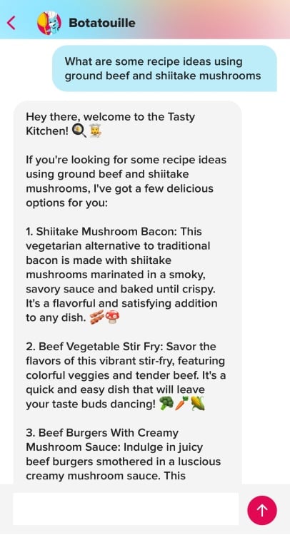 Tasty's Botatouille chatbot response to recipe ideas using ground beef and shiitake mushrooms 