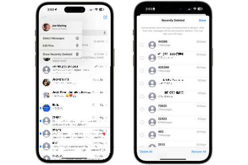 Recovering deleted messages in the Messages app on an iPhone.