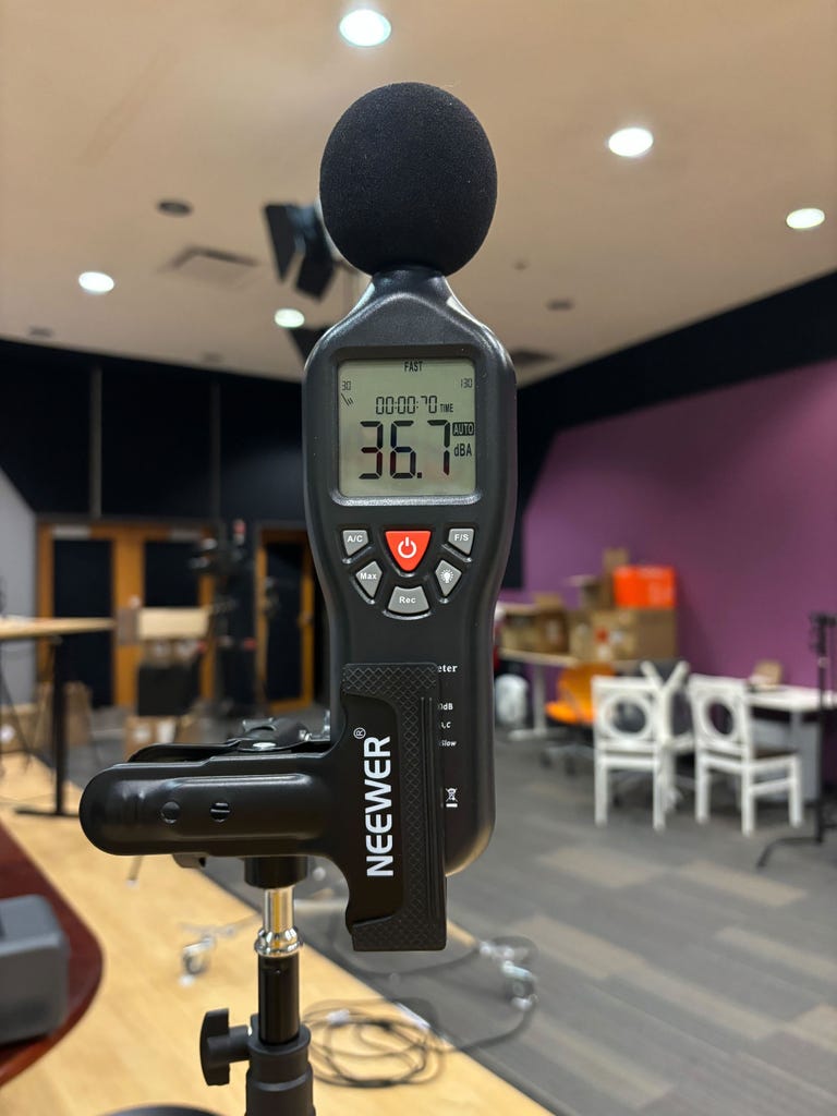 A decibel meter sits on a table in the CNET Labs studio, where it can take accurate noise level readings for the various appliances we test.