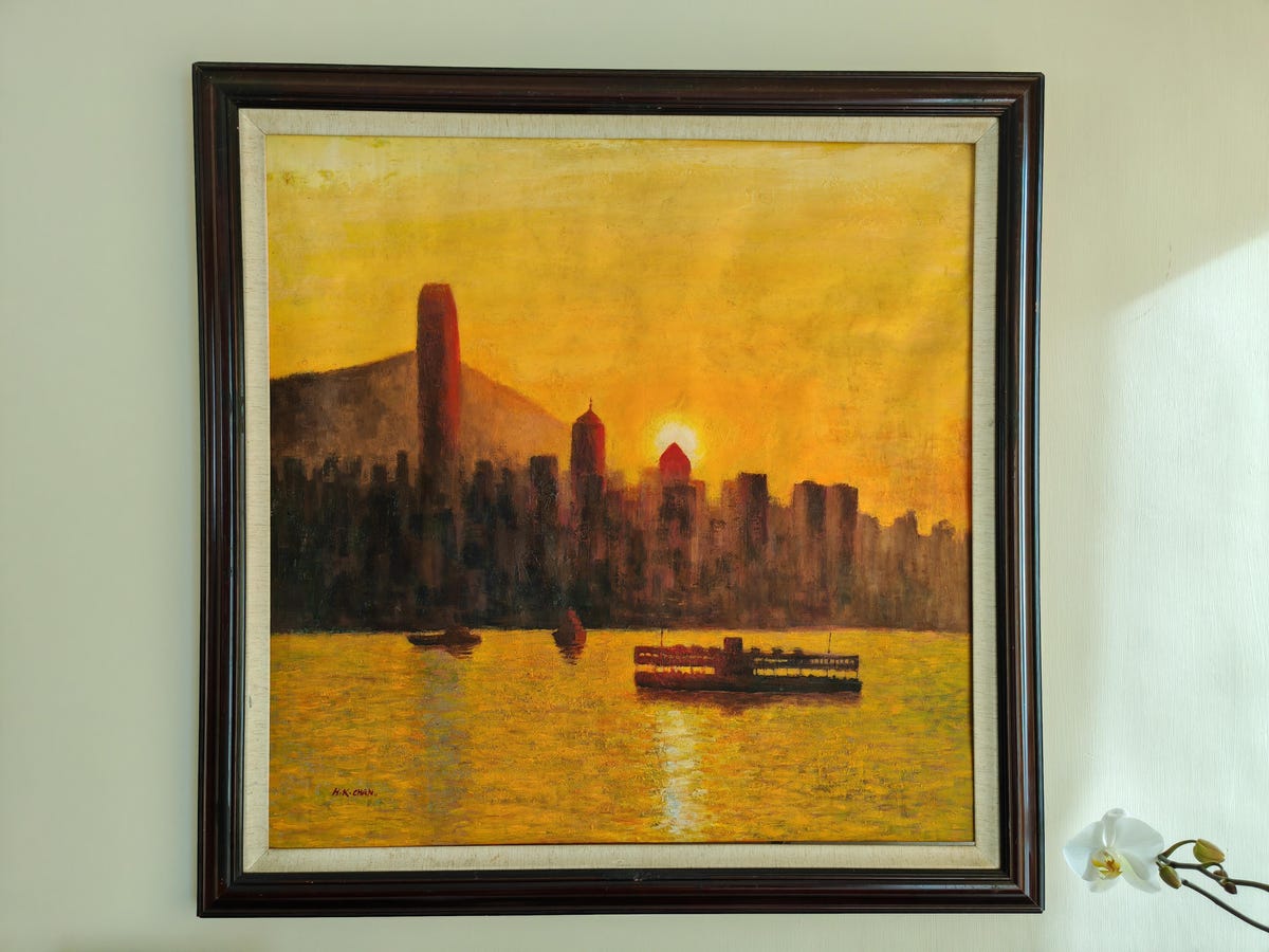 painting of hong kong skyline during sunset