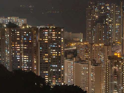 close up of buildings at night