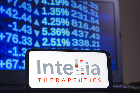 In this photo illustration an Intellia Therapeutics logo...