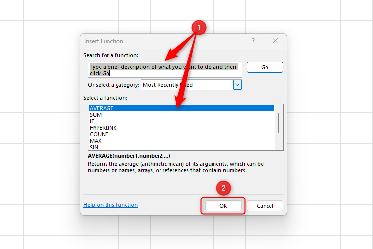 Excel sheet with the 'Insert Function' dialog box open and showing the options available.