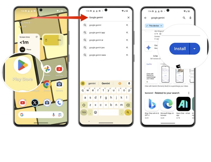 Steps showing how to install the Google Gemini app on an Android phone.