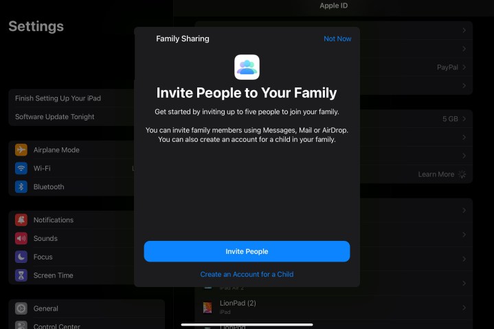 The Invite People to Your Family button on an iPad.