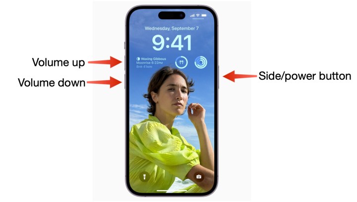 iPhone 14 Pro labeled with volume up, down, and side buttons