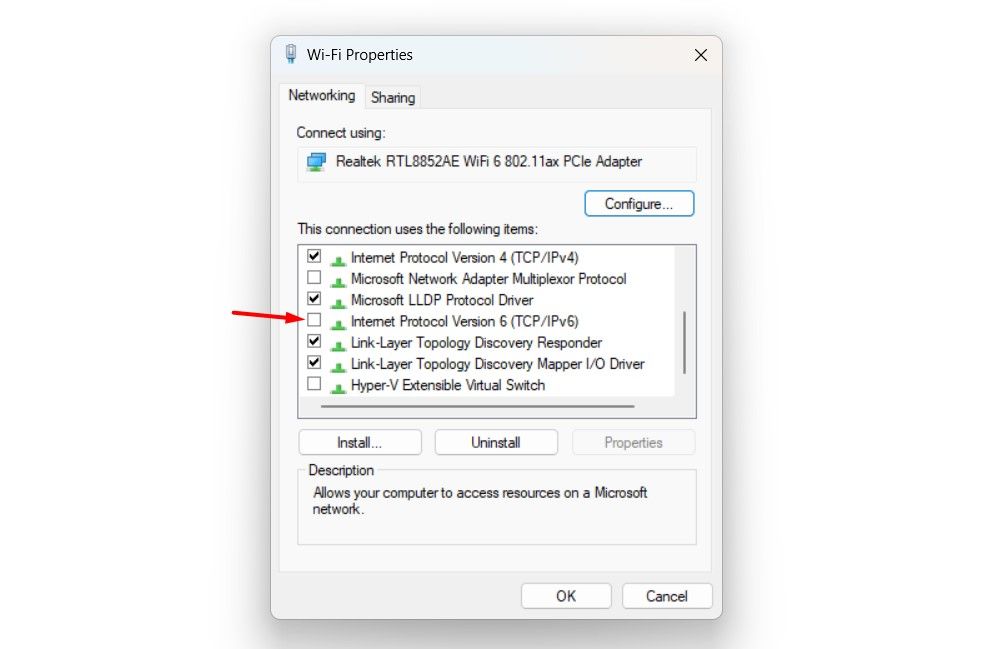 IPv6 checkbox in the Wi-Fi properties window.