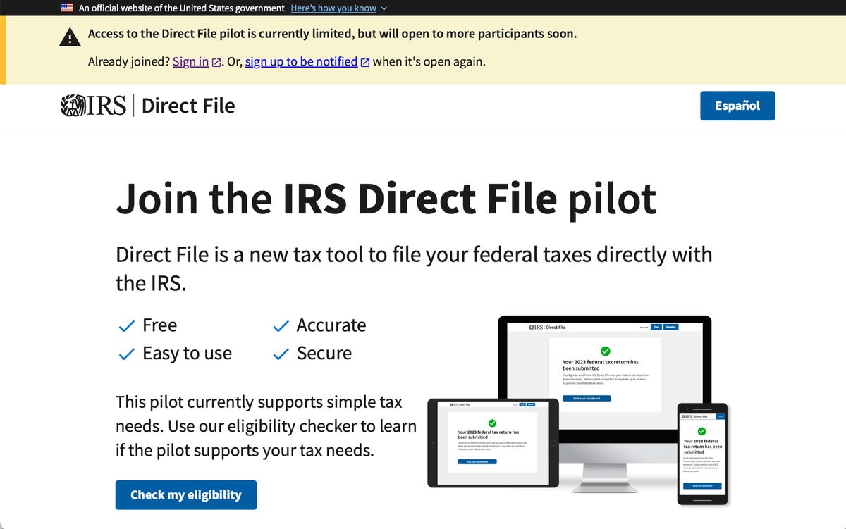 a screenshot of the landing page of the IRS Direct File software program asking users to join