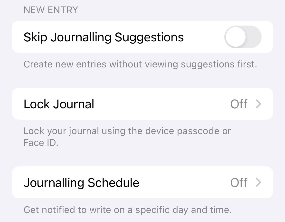 Setting up a schedule and privacy controls in Journal settings.