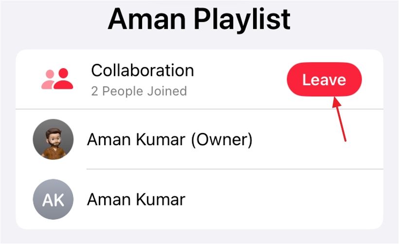 Leave option to leave a collaborative playlist.