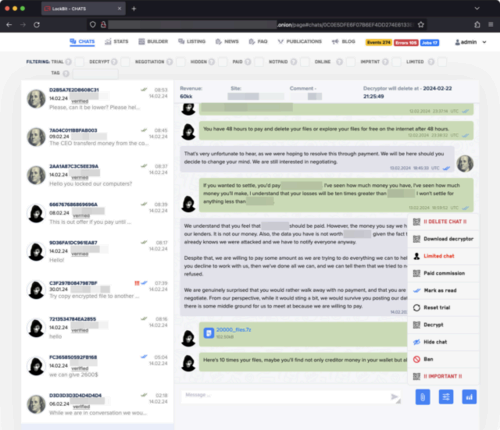 Screenshot showing chats between a Lockbit affiliate and a victim.