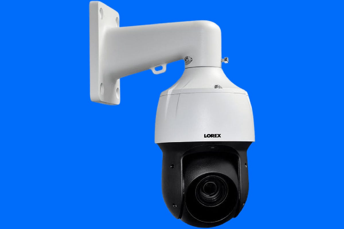 The Lorex Fusio 2K IP camera against a blue background