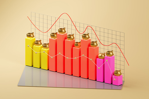 Lost savings inflation concept, piggy bank graph CGI - stock photo