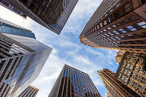 Low angle view of skyscrapers in Manhattan Financial District, New York City, USA