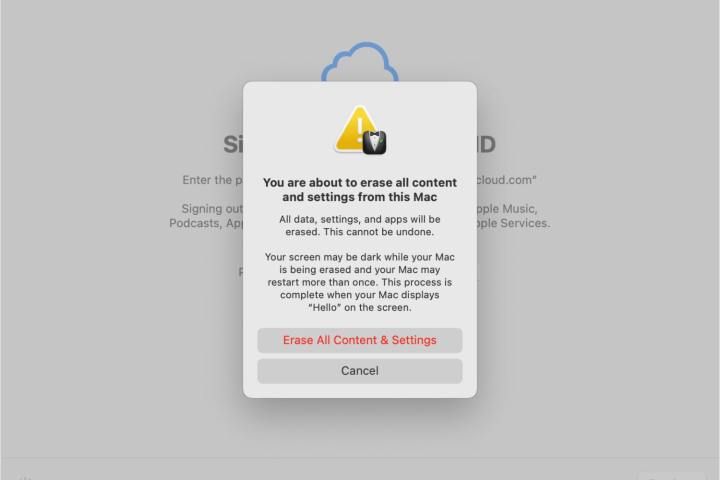 An option in macOS giving a user the choice to erase all content and settings on their Mac.