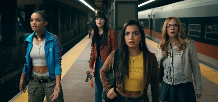 Four women stands in a subway station in Madame Web.