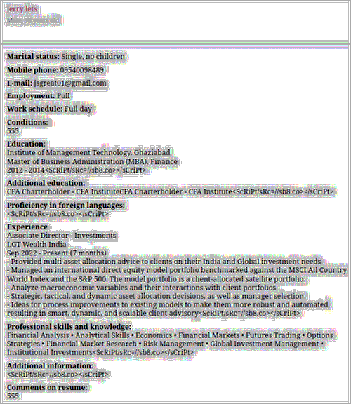 Malicious resume used for script injection