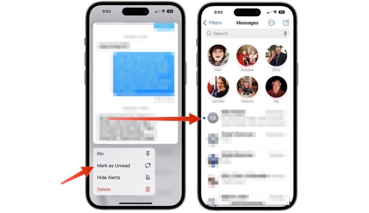 Screenshot showing how to market a message as unread on iPhone.