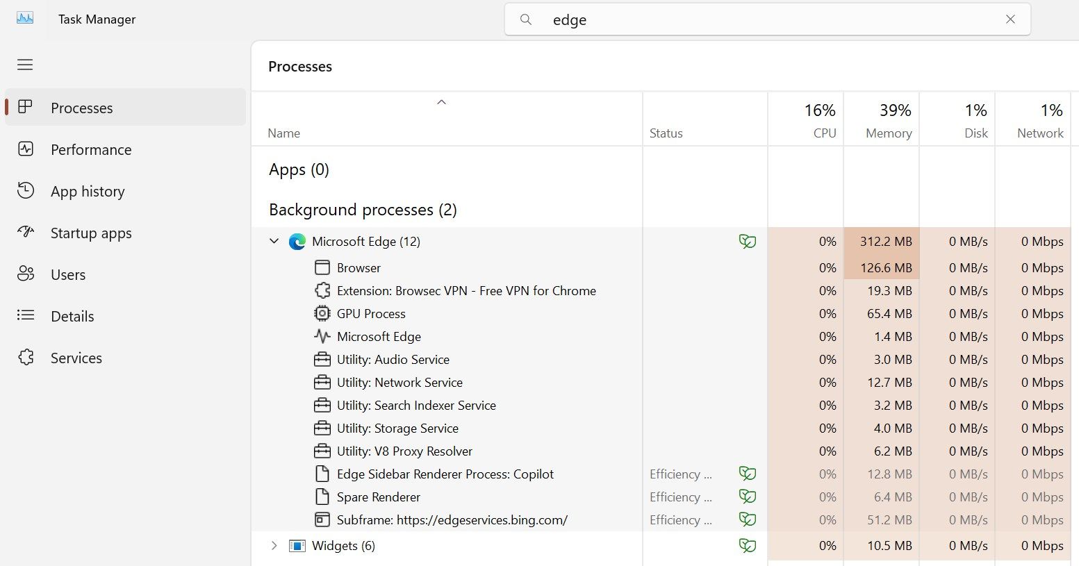 Microsoft Edge background processes consuming high resources in Task Manager.