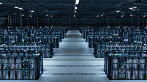 Modern Data Technology Center Server Racks Working in Well-Lighted Room. Concept of Internet of Things, Big Data Protection, Storage, Cryptocurrency Farm, Cloud Computing. Mining Facility Warehouse.