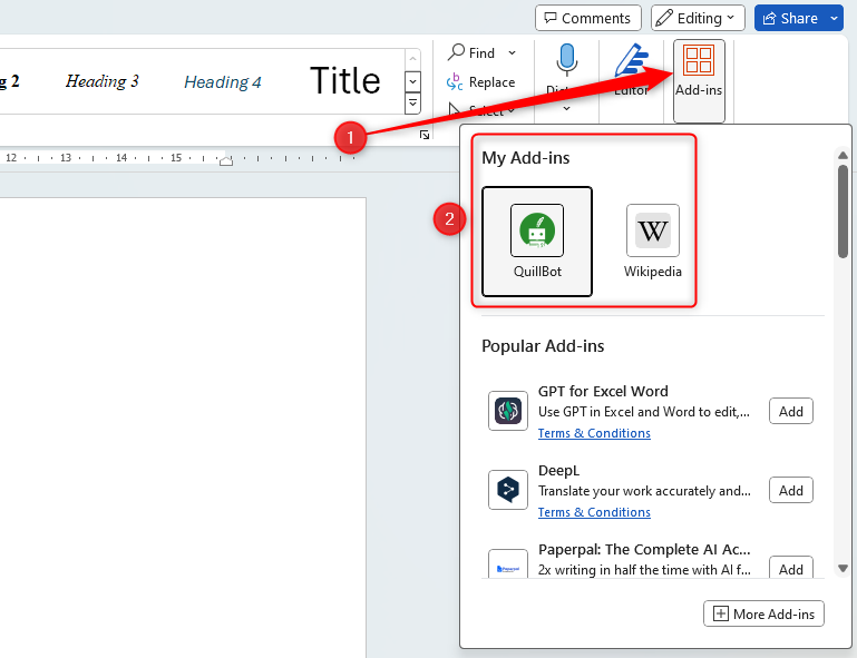 The 'Add-ins' pane containing two add-ins installed to Office.