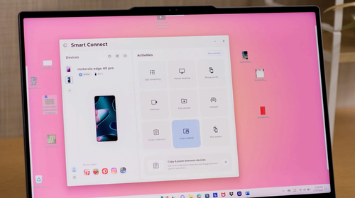 A demo of the Smart Connect panel connecting a phone to a laptop.