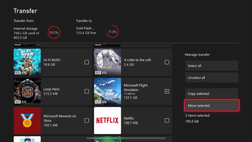 Selecting games you want to move on Xbox.