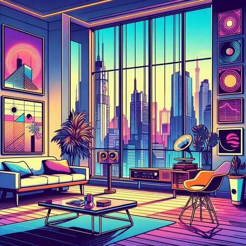 A modern apartment living room in a metropolis in the mid-afternoon. The room features large floor-to-ceiling windows, art deco paintings on the walls, a record player, and an Eames chair. It is in neon colors and 90's cartoon style.