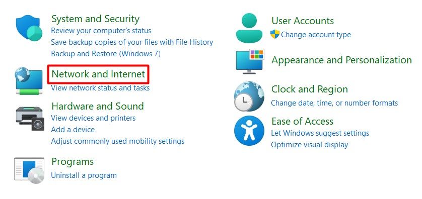 Network and Internet option in the Control Panel.