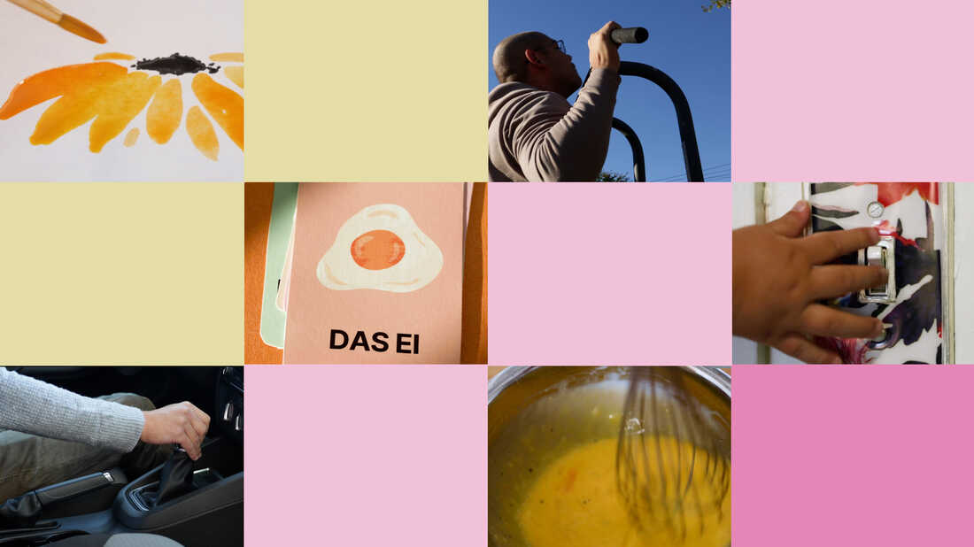 A grid of colored rectangles and photos of hobbies.