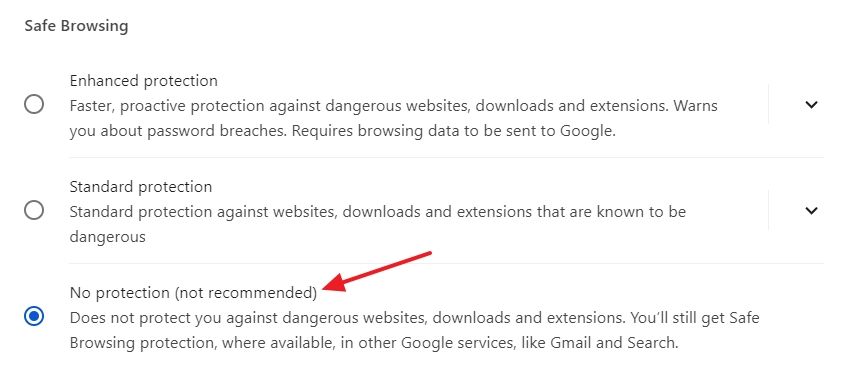 No Protection option in Chrome Settings menu.