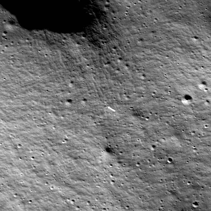 NASA’s Lunar Reconnaissance Orbiter captured this image of the Intuitive Machines’ Nova-C lander, called Odysseus, on the Moon’s surface on Feb. 24, 2024, at 1:57 p.m. EST). Odysseus landed at 80.13 degrees south latitude, 1.44 degrees east longitude, at an elevation of 8,461 feet (2,579 meters). The image is 3,192 feet (973 meters) wide, and lunar north is up. 