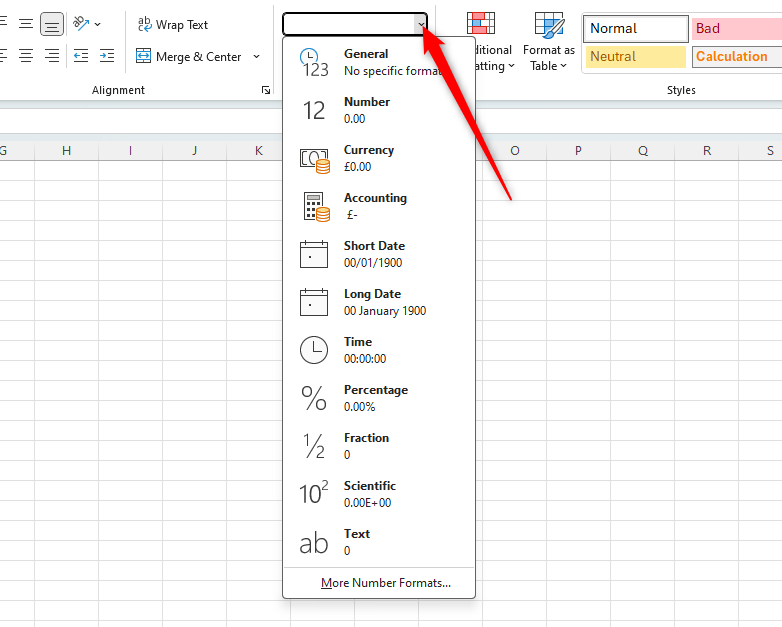 Excel sheet showing the different number formatting options.