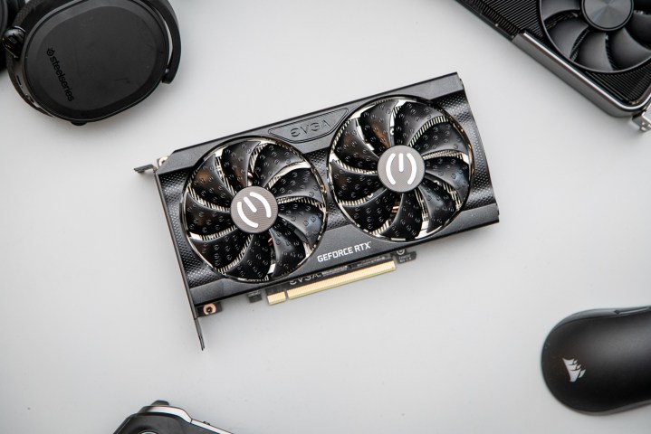 RTX 3050 graphics card among PC accessories.