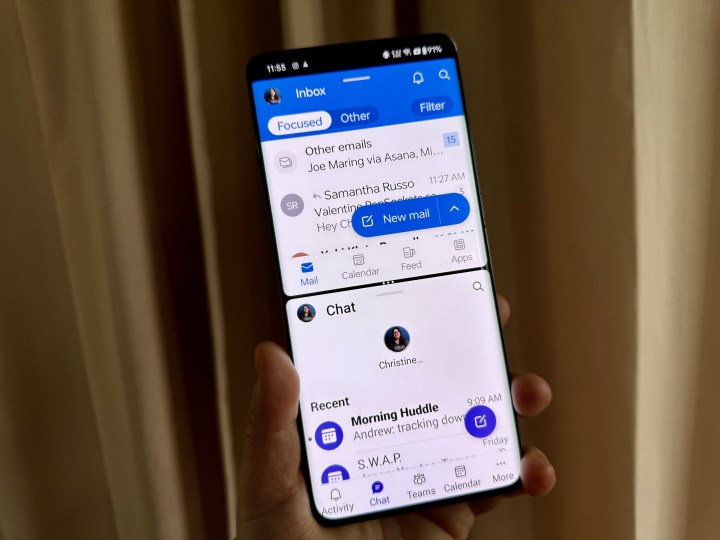 OnePlus 12 Flowy Emerald showing multitasking split screen view with Outlook and Teams.