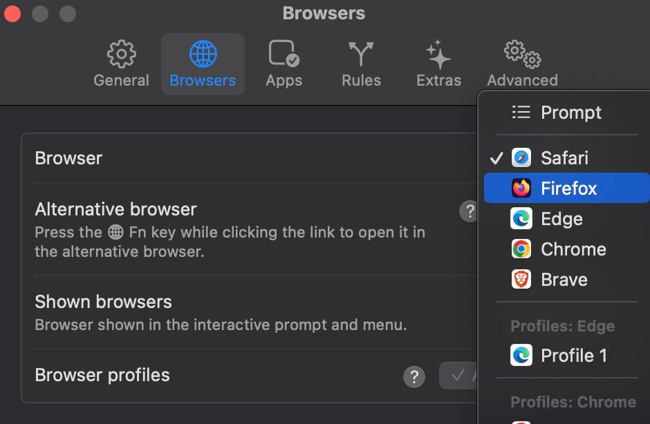 Setting the default browser in Velja settings.