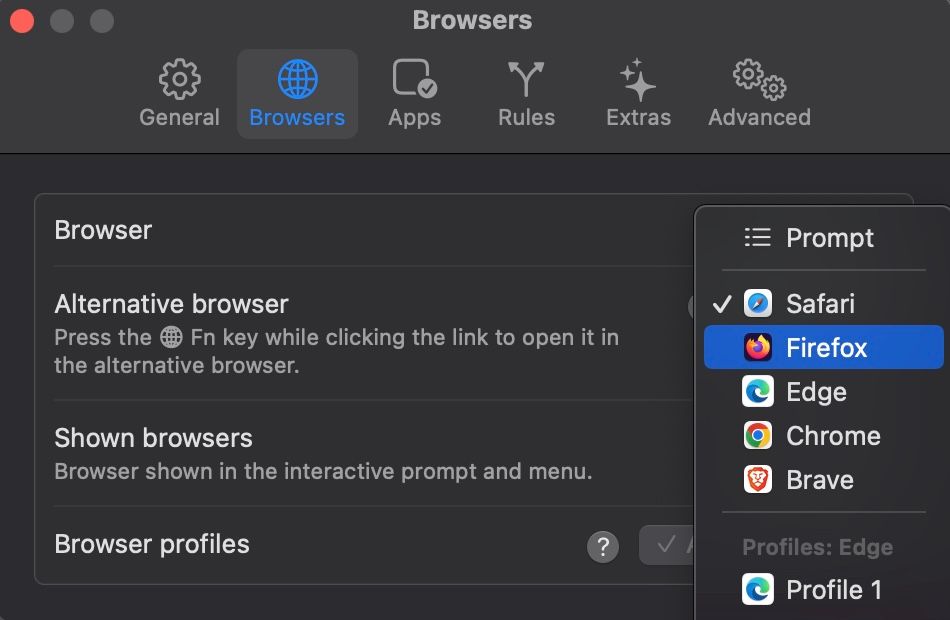 Setting up an alternative browser in Velja settings.